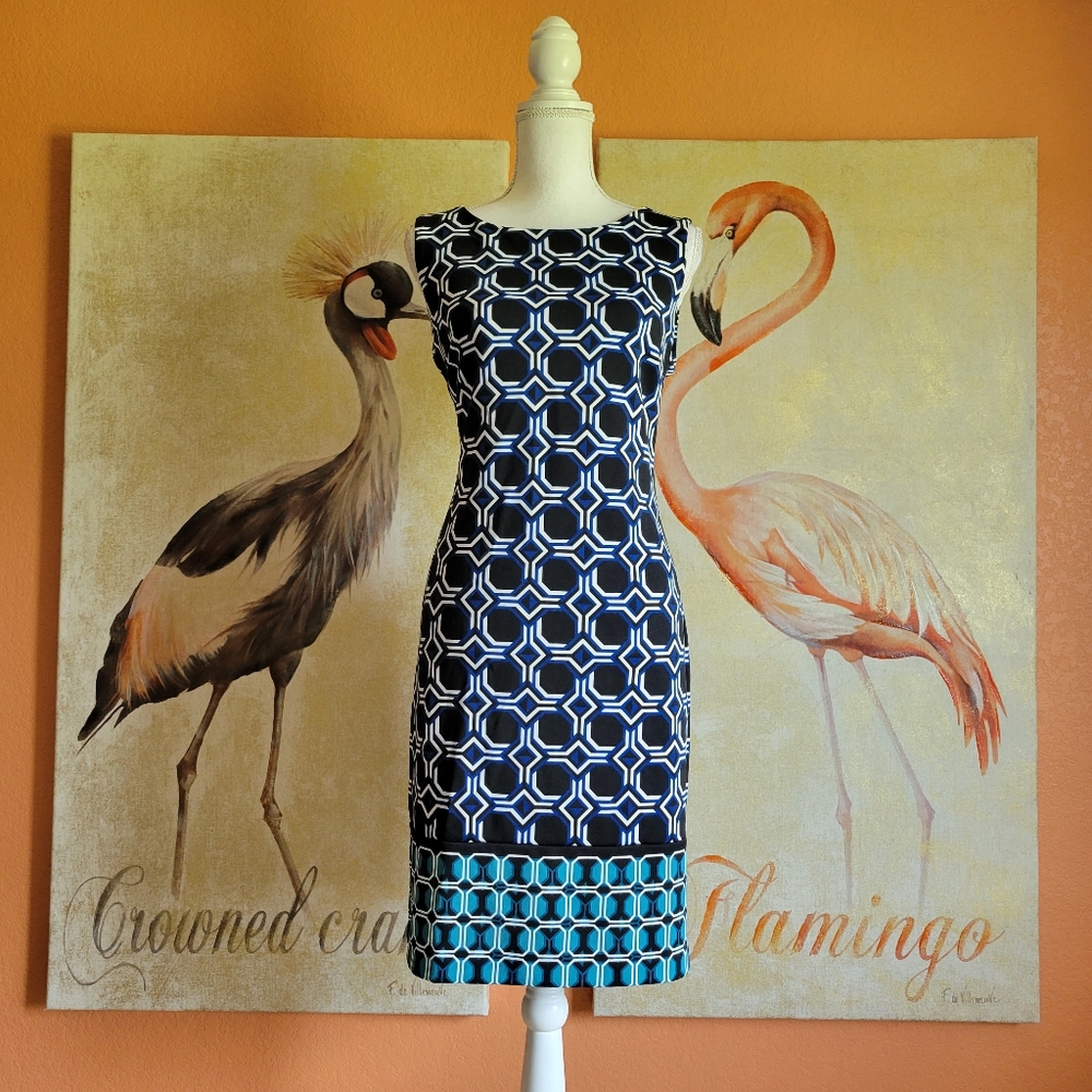 Liz Claiborne Geometric Print Sheath Dress Blue 10